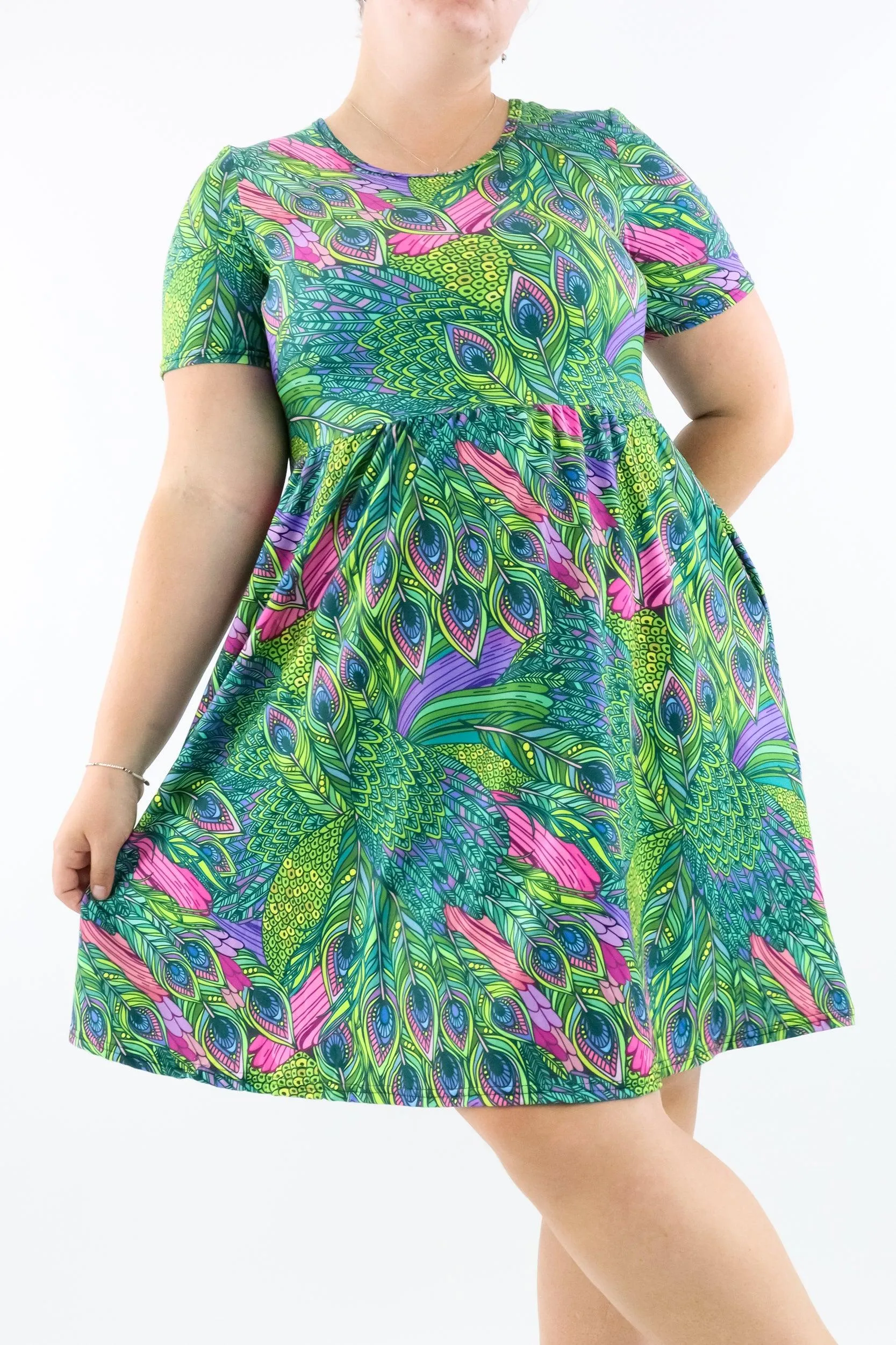 Peacock - Short Sleeve Skater Dress - Knee Length - Side Pockets