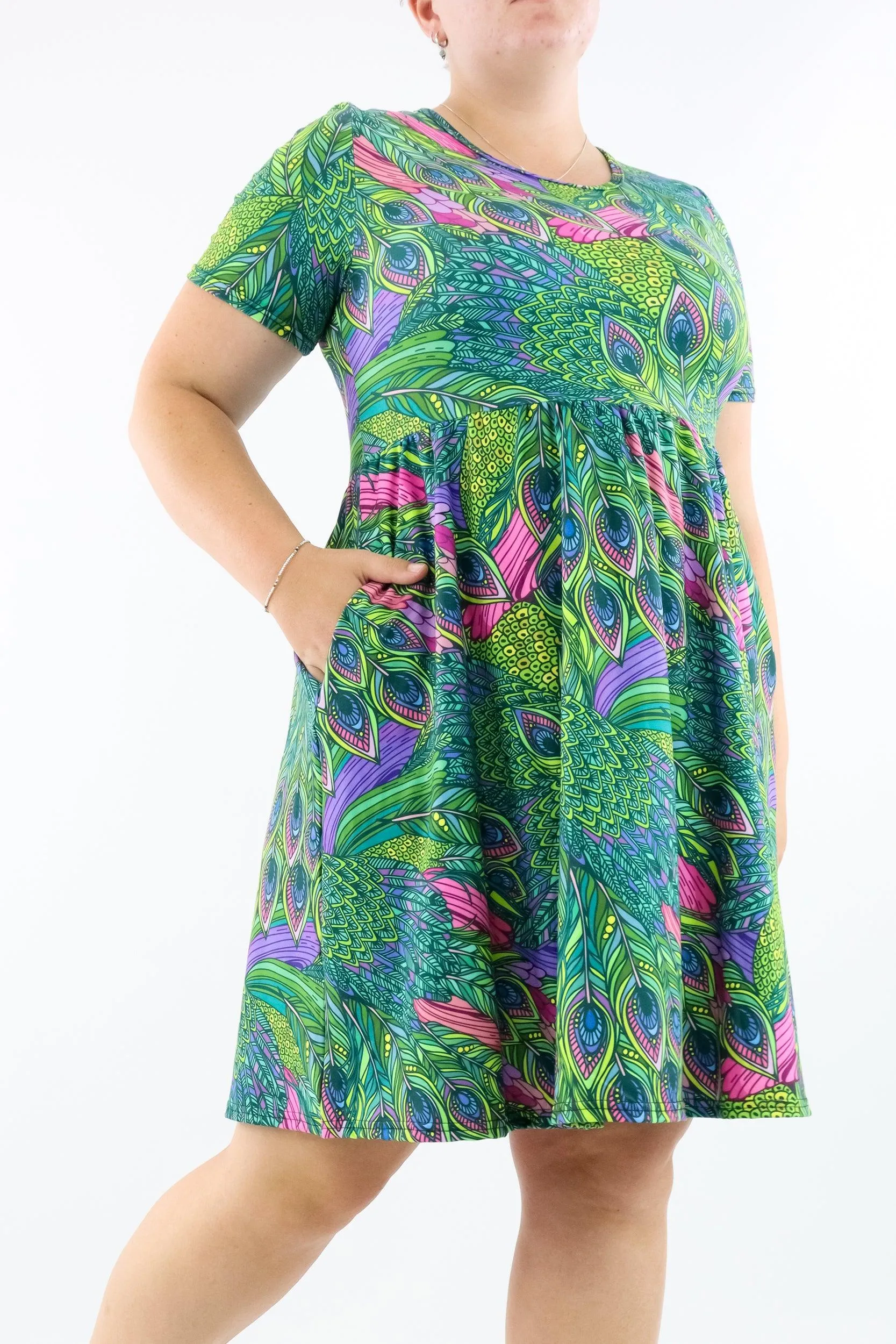 Peacock - Short Sleeve Skater Dress - Knee Length - Side Pockets