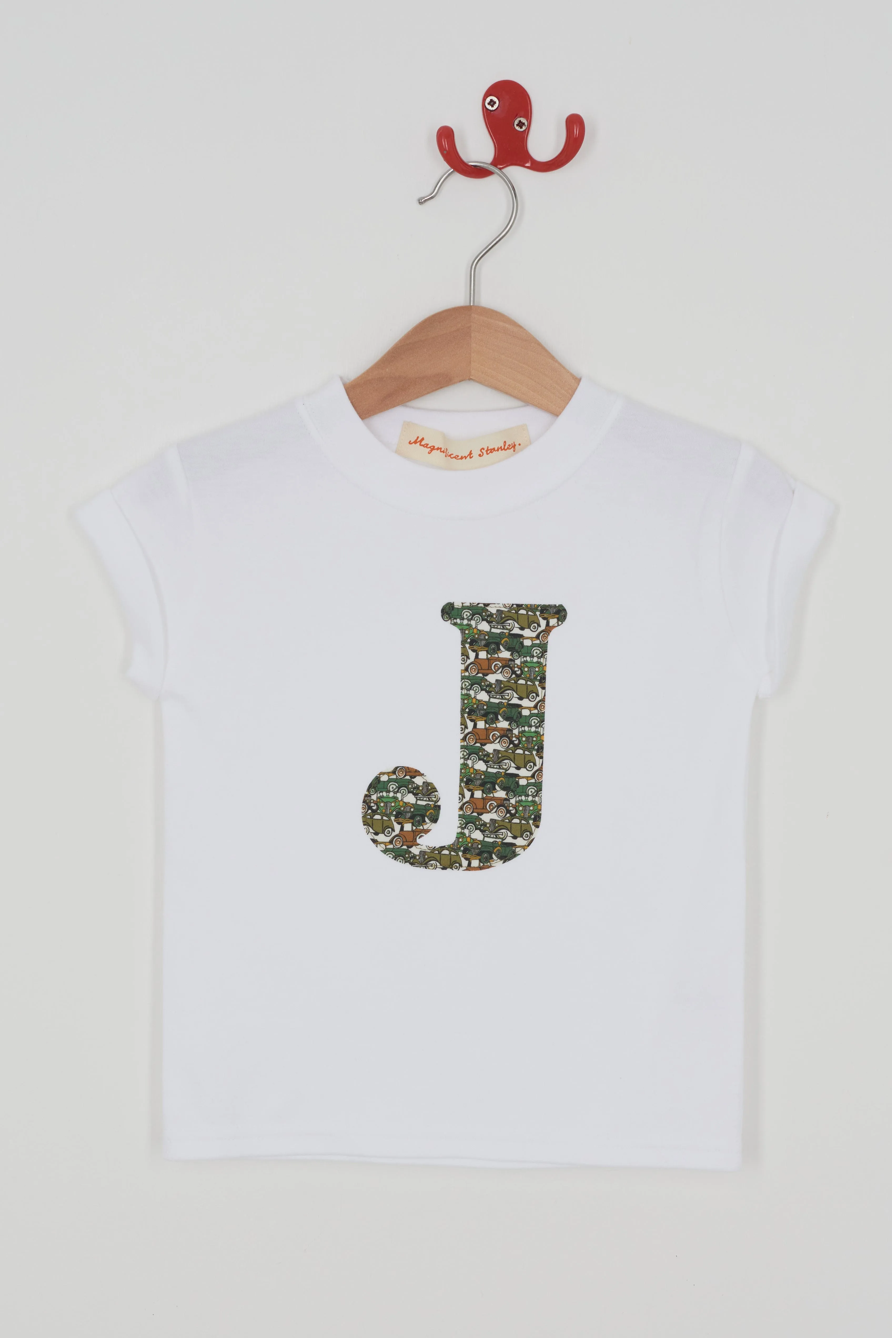 Personalised White T-Shirt in Roaring Wheels Liberty Print