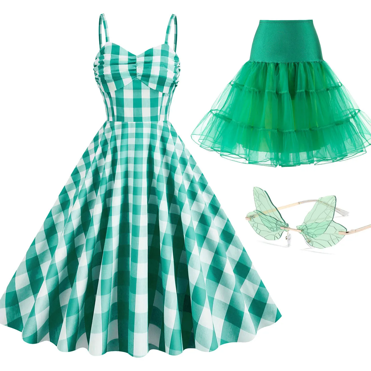 Pink And White Plaid Strap Classis Style Barbie Same Style 1950S Vintage Dress Set