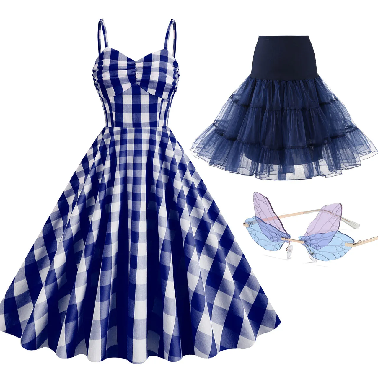 Pink And White Plaid Strap Classis Style Barbie Same Style 1950S Vintage Dress Set