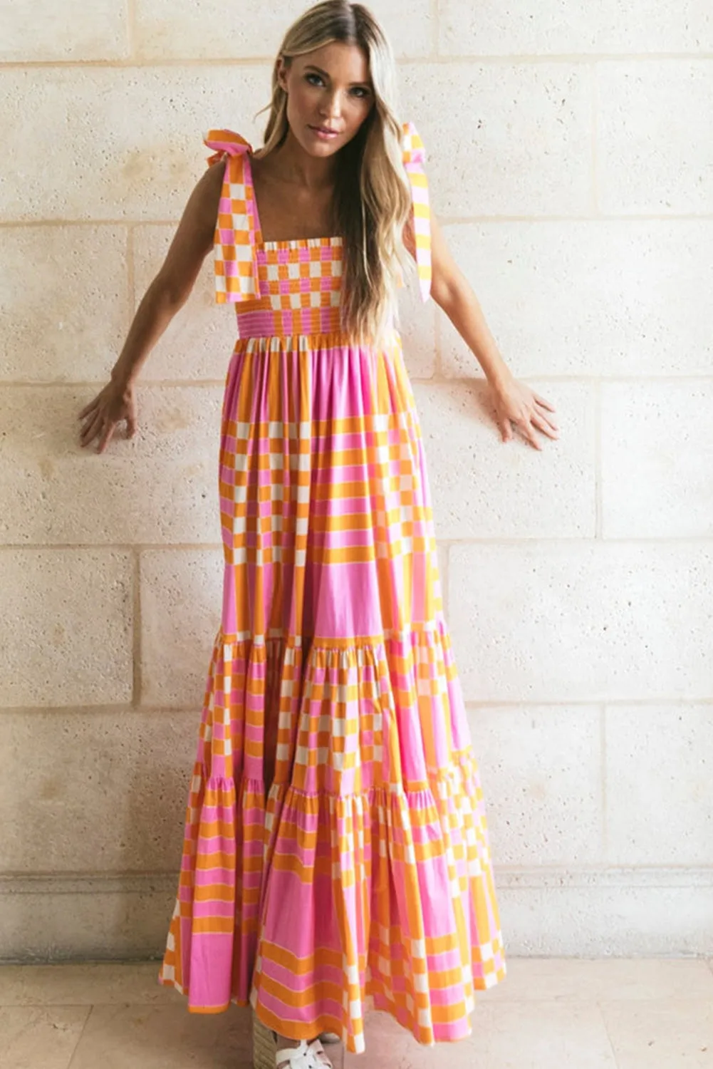 Pink Boho Gingham/Floral Tied Straps Smocked Maxi Dress