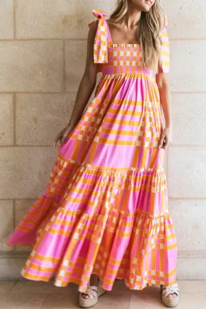 Pink Boho Gingham/Floral Tied Straps Smocked Maxi Dress