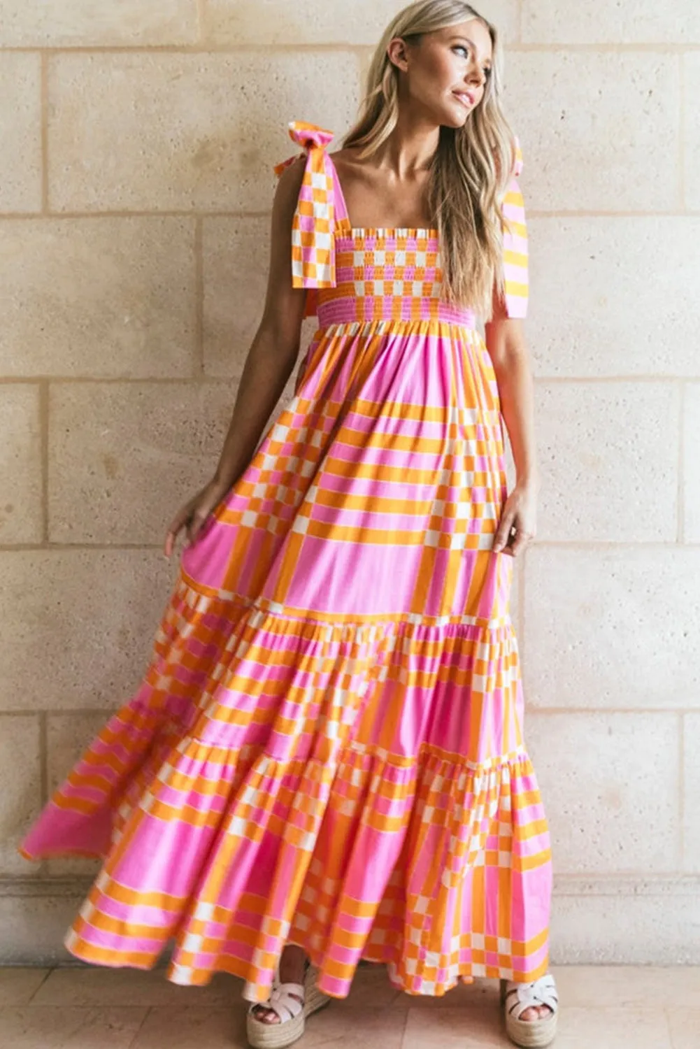 Pink Boho Gingham/Floral Tied Straps Smocked Maxi Dress