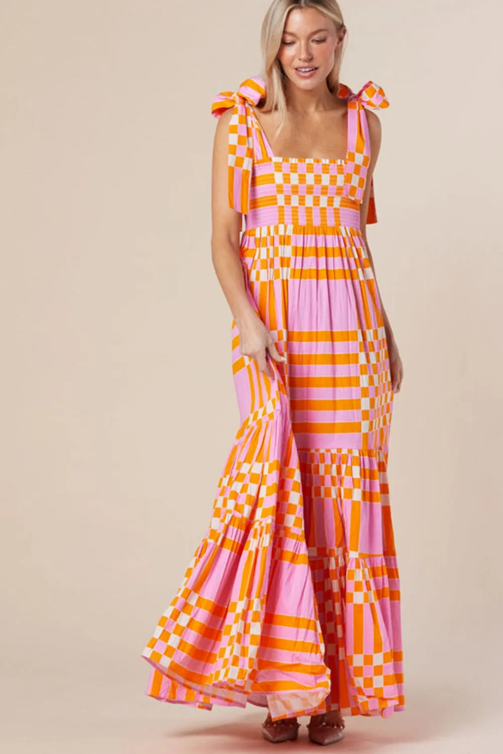 Pink Boho Gingham/Floral Tied Straps Smocked Maxi Dress