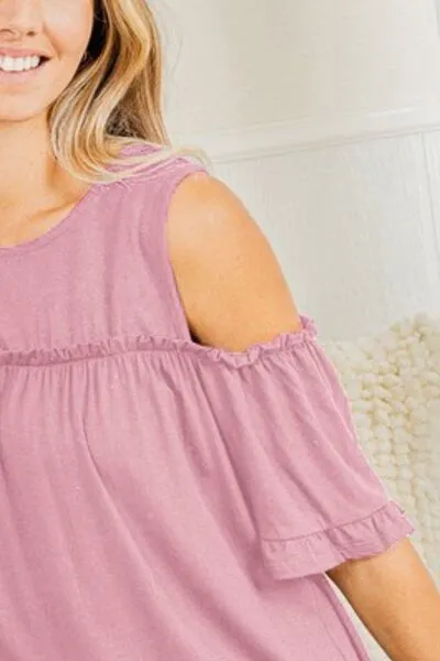 Pink Frill Round Neck Cold Shoulder T-Shirt