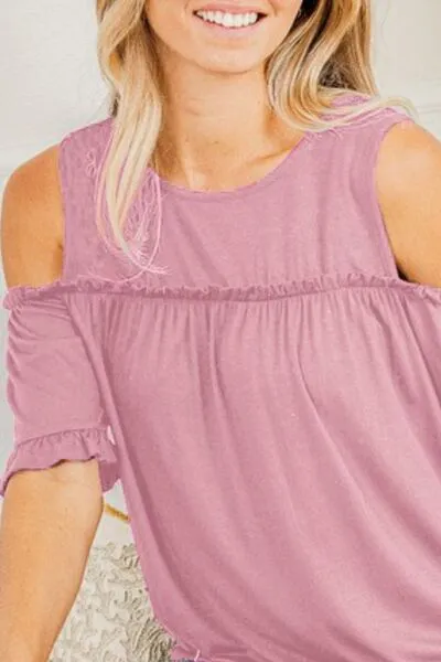Pink Frill Round Neck Cold Shoulder T-Shirt