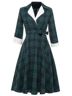 Plaid 3/4 Sleeve 1950S Vintage Dress With Bow Belt