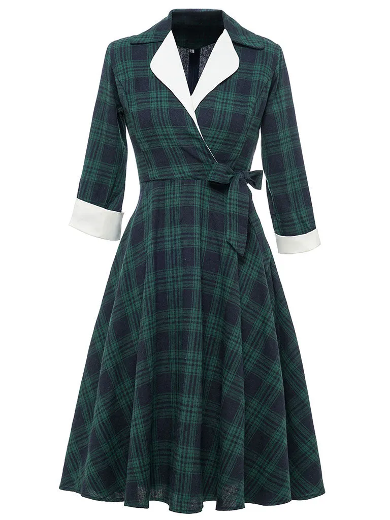 Plaid 3/4 Sleeve 1950S Vintage Dress With Bow Belt