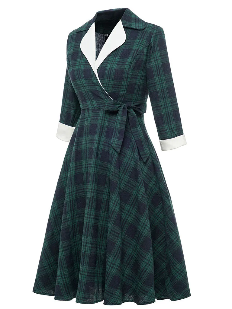 Plaid 3/4 Sleeve 1950S Vintage Dress With Bow Belt