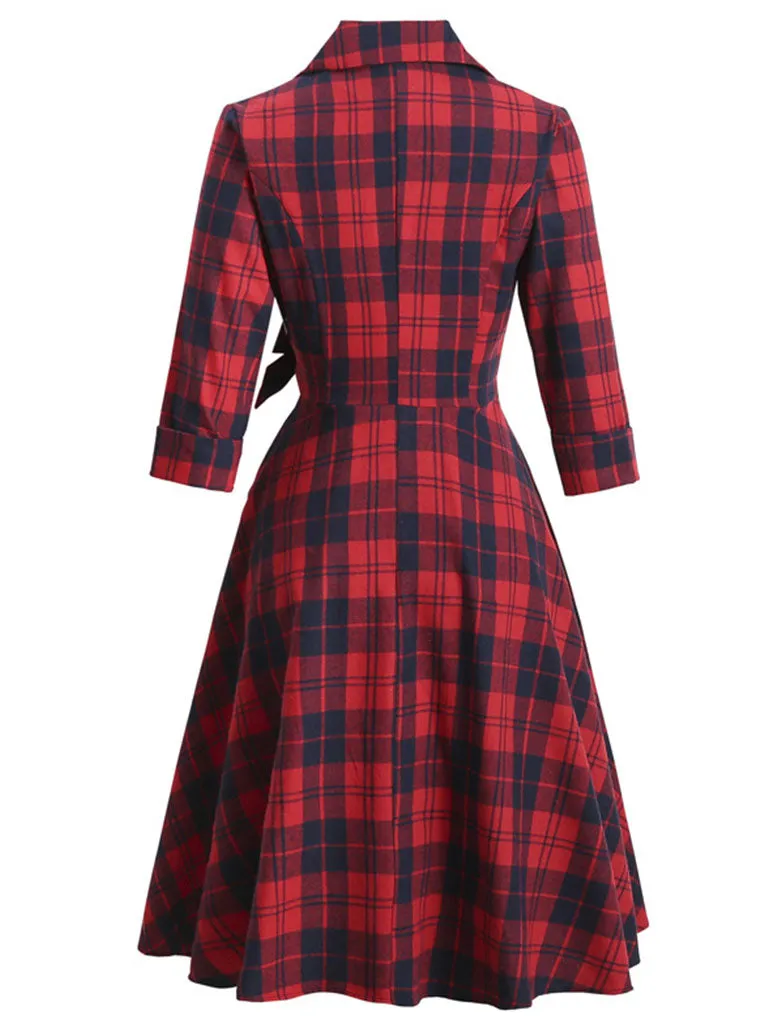 Plaid 3/4 Sleeve 1950S Vintage Dress With Bow Belt