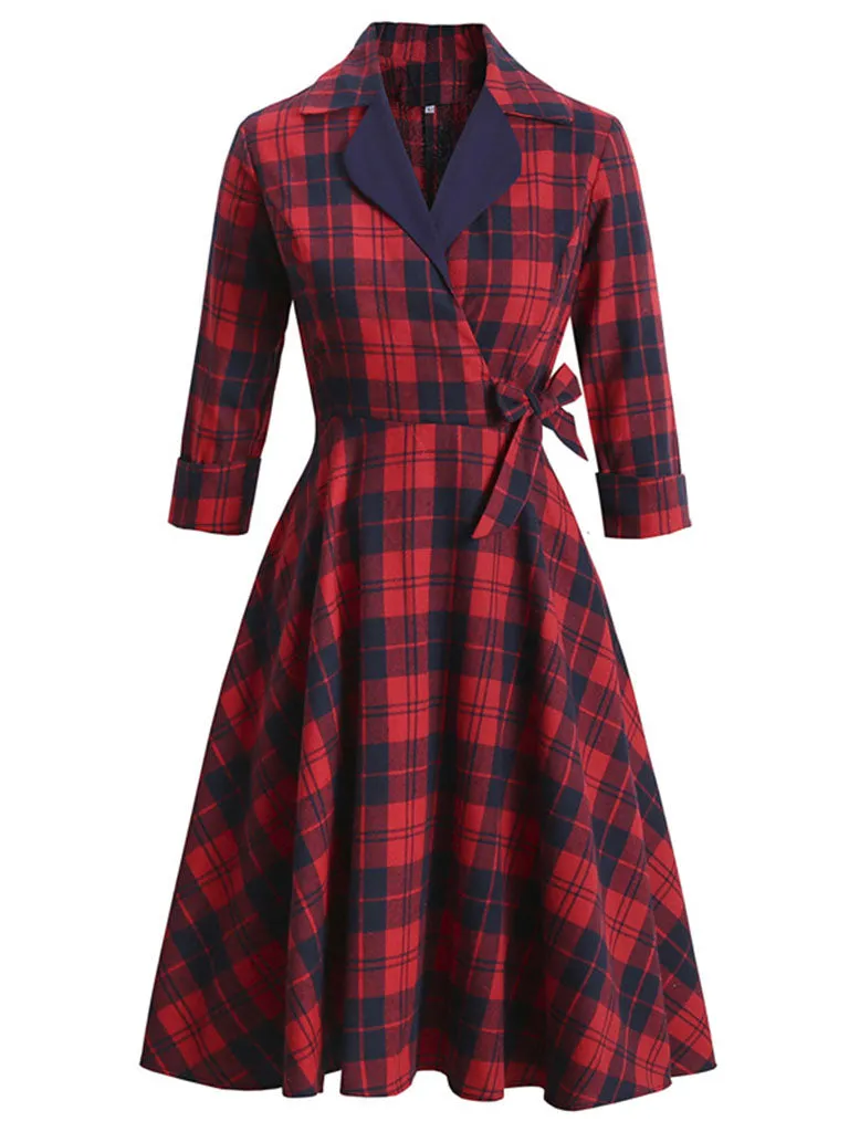 Plaid 3/4 Sleeve 1950S Vintage Dress With Bow Belt