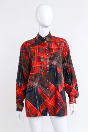 Plaid Patchwork Print Silk Blouse
