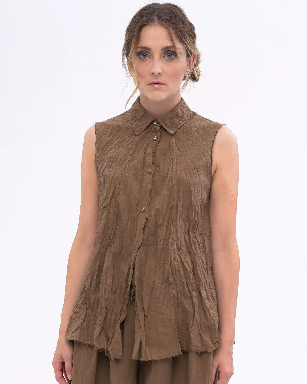 Pleated Crinkle Organic Cotton Button Tank