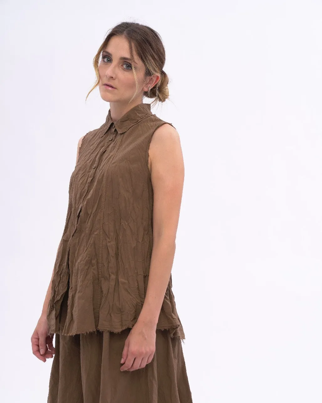 Pleated Crinkle Organic Cotton Button Tank