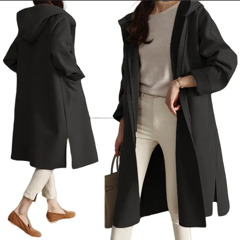 Plus-size Hooded Women's Windbreaker Casual Loose Turndown Collar Top Trenchcoat Laydies Woolen Overcoat For Spring Autumn S-3XL