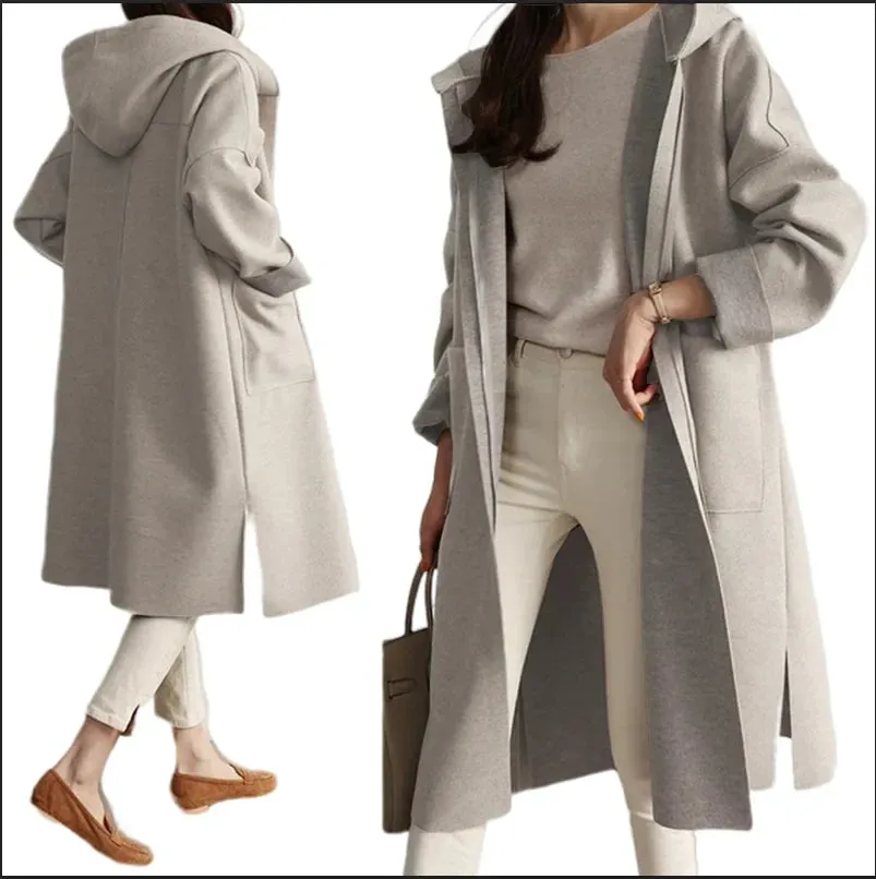 Plus-size Hooded Women's Windbreaker Casual Loose Turndown Collar Top Trenchcoat Laydies Woolen Overcoat For Spring Autumn S-3XL