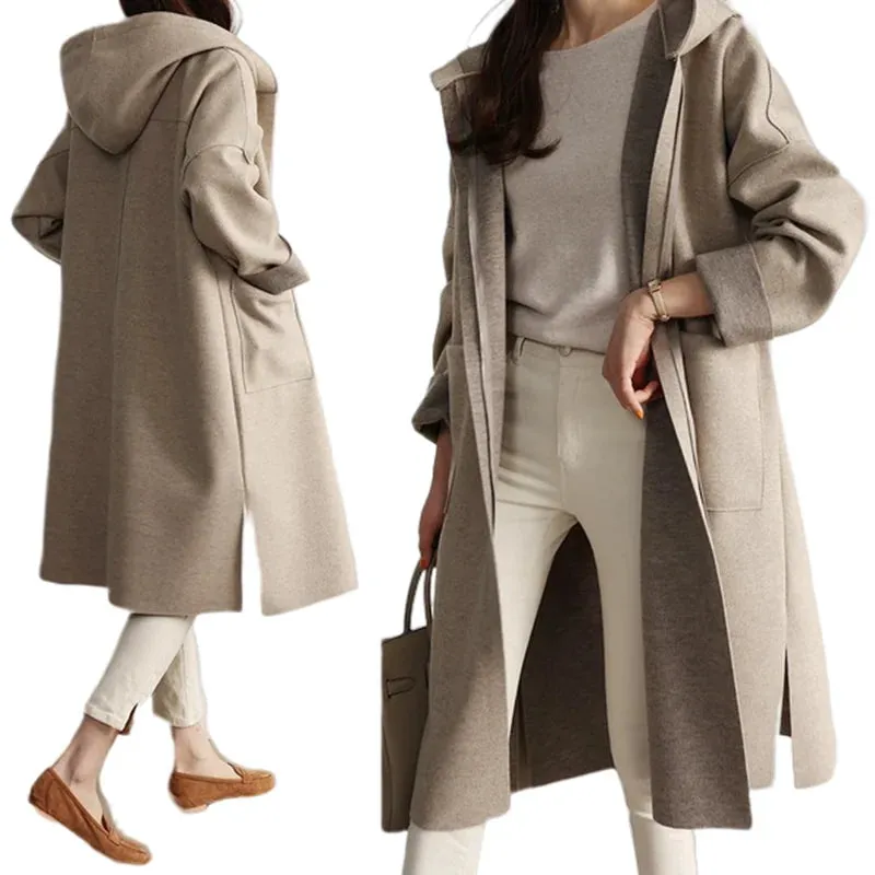 Plus-size Hooded Women's Windbreaker Casual Loose Turndown Collar Top Trenchcoat Laydies Woolen Overcoat For Spring Autumn S-3XL