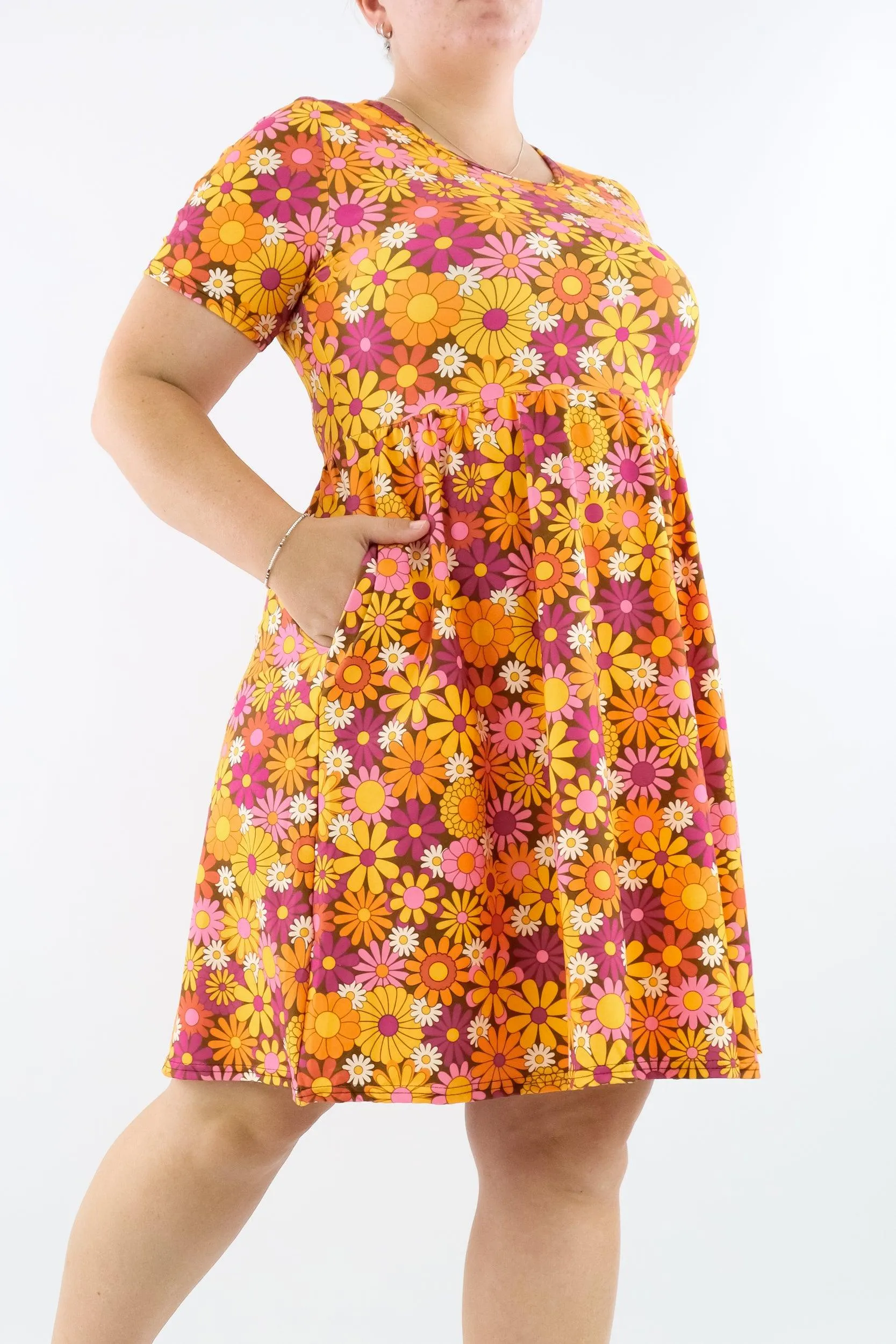 Posy Pop - Short Sleeve Skater Dress - Knee Length - Side Pockets