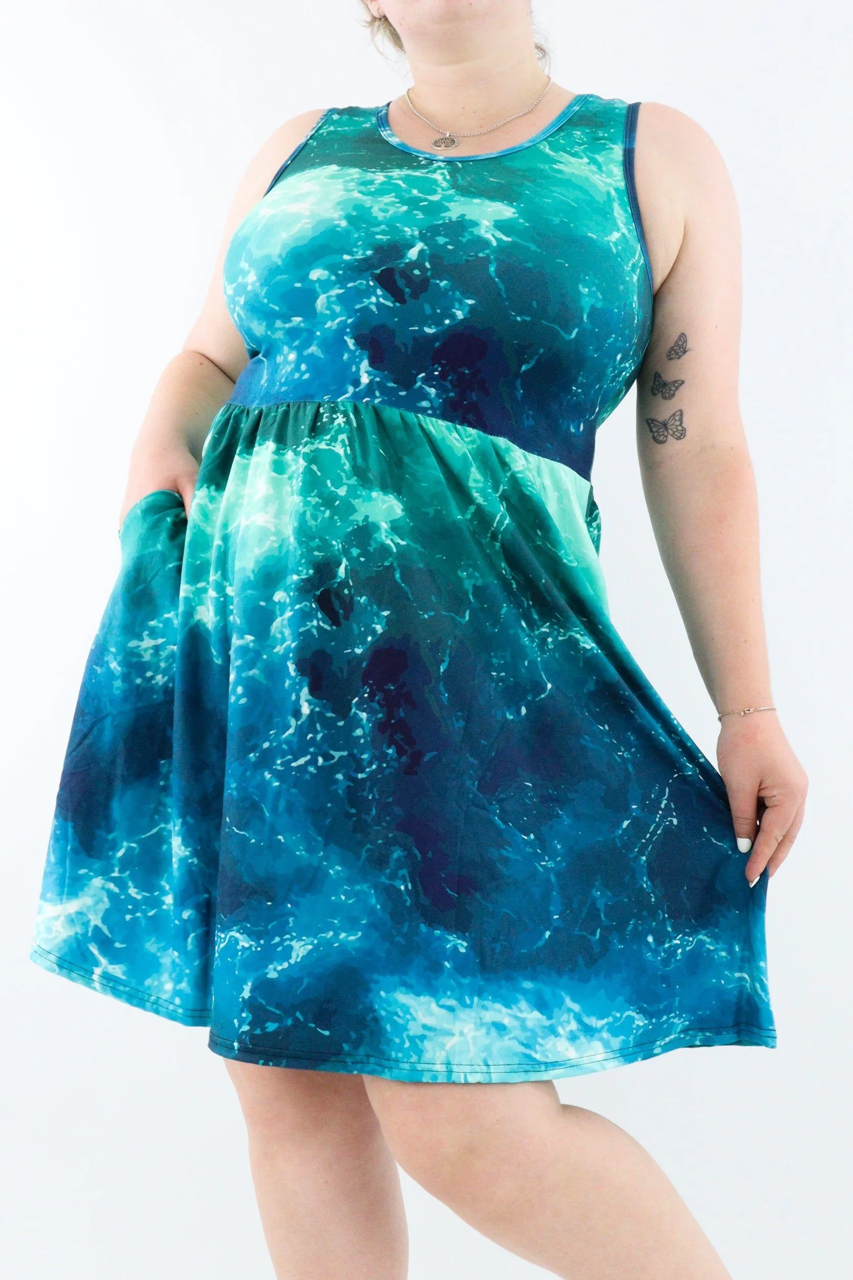 Powerful Ocean - Sleeveless Skater Dress - Knee Length - Side Pockets