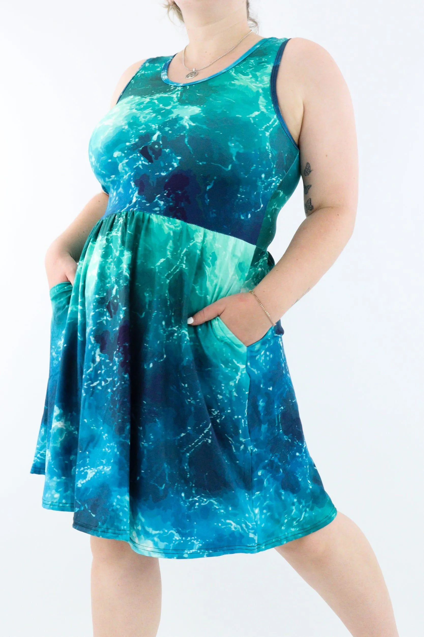 Powerful Ocean - Sleeveless Skater Dress - Knee Length - Side Pockets