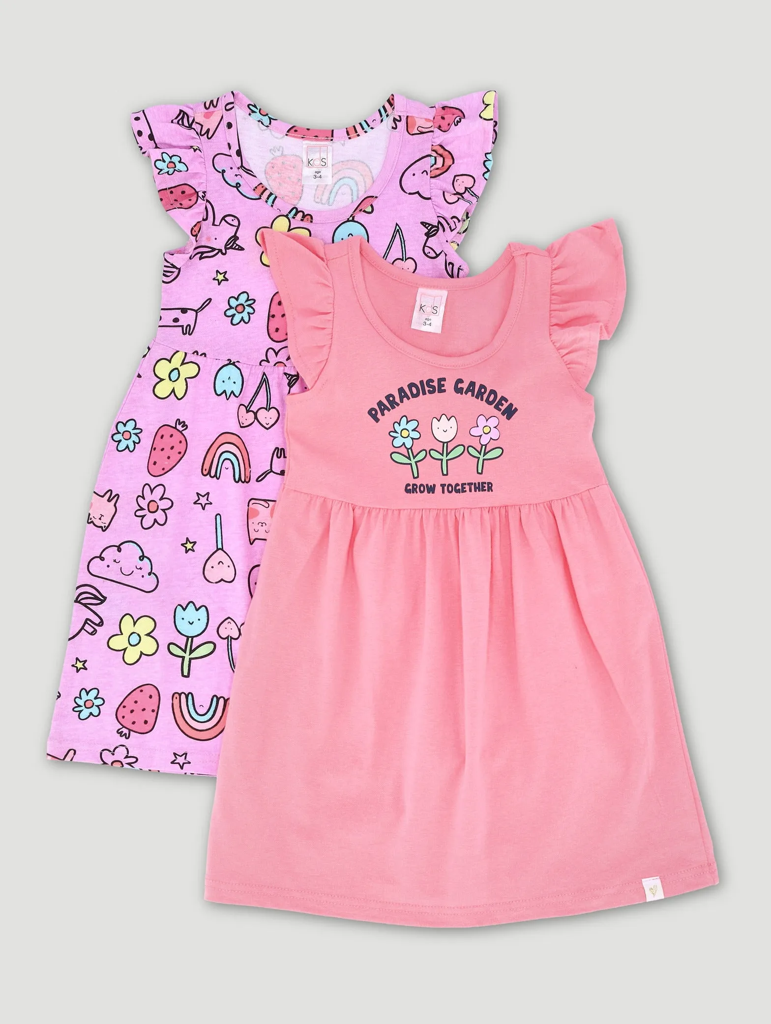 Pre-Girls 2 Pack Plain & Flower Print Skater Dress  - Coral