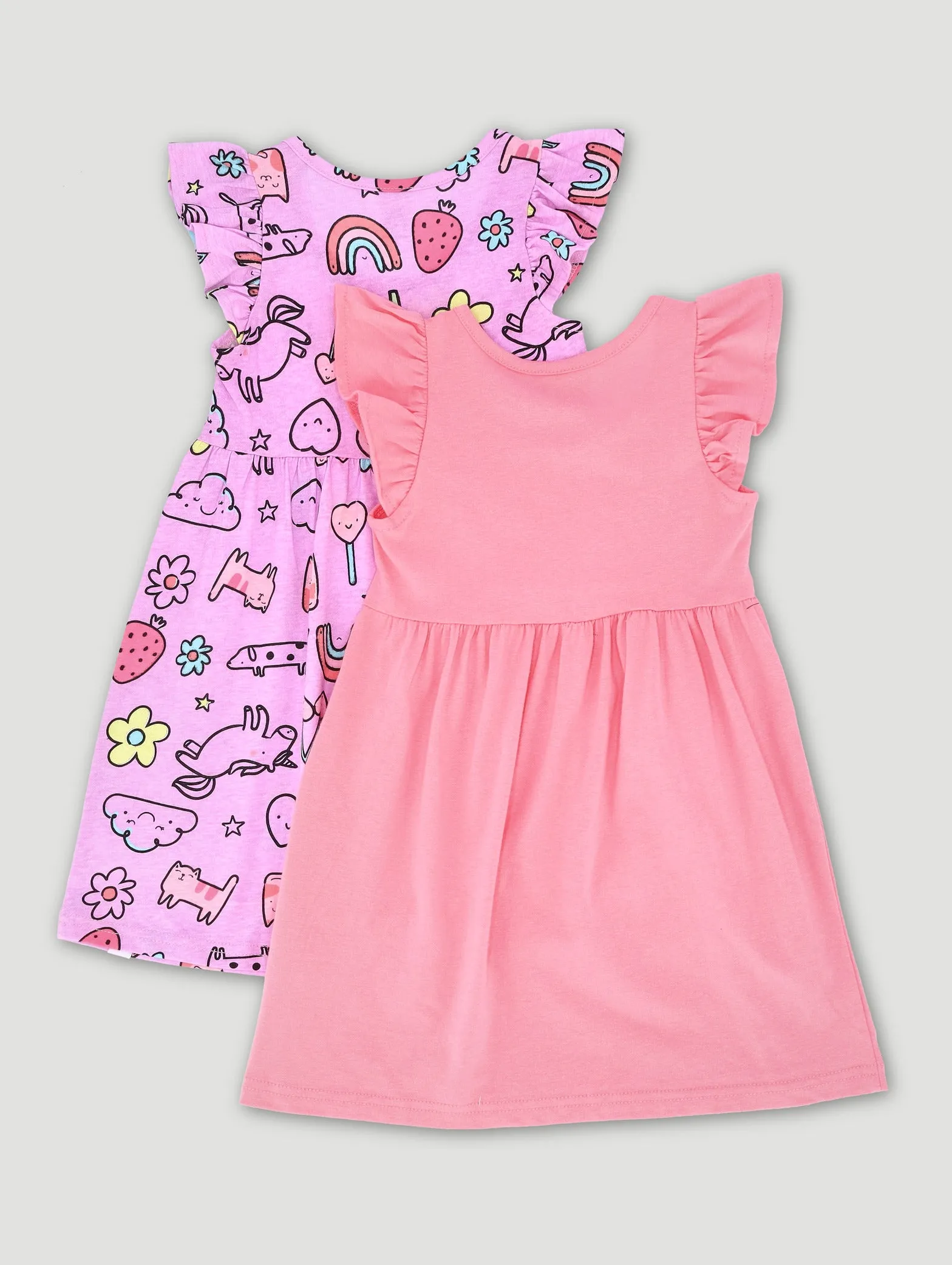 Pre-Girls 2 Pack Plain & Flower Print Skater Dress  - Coral
