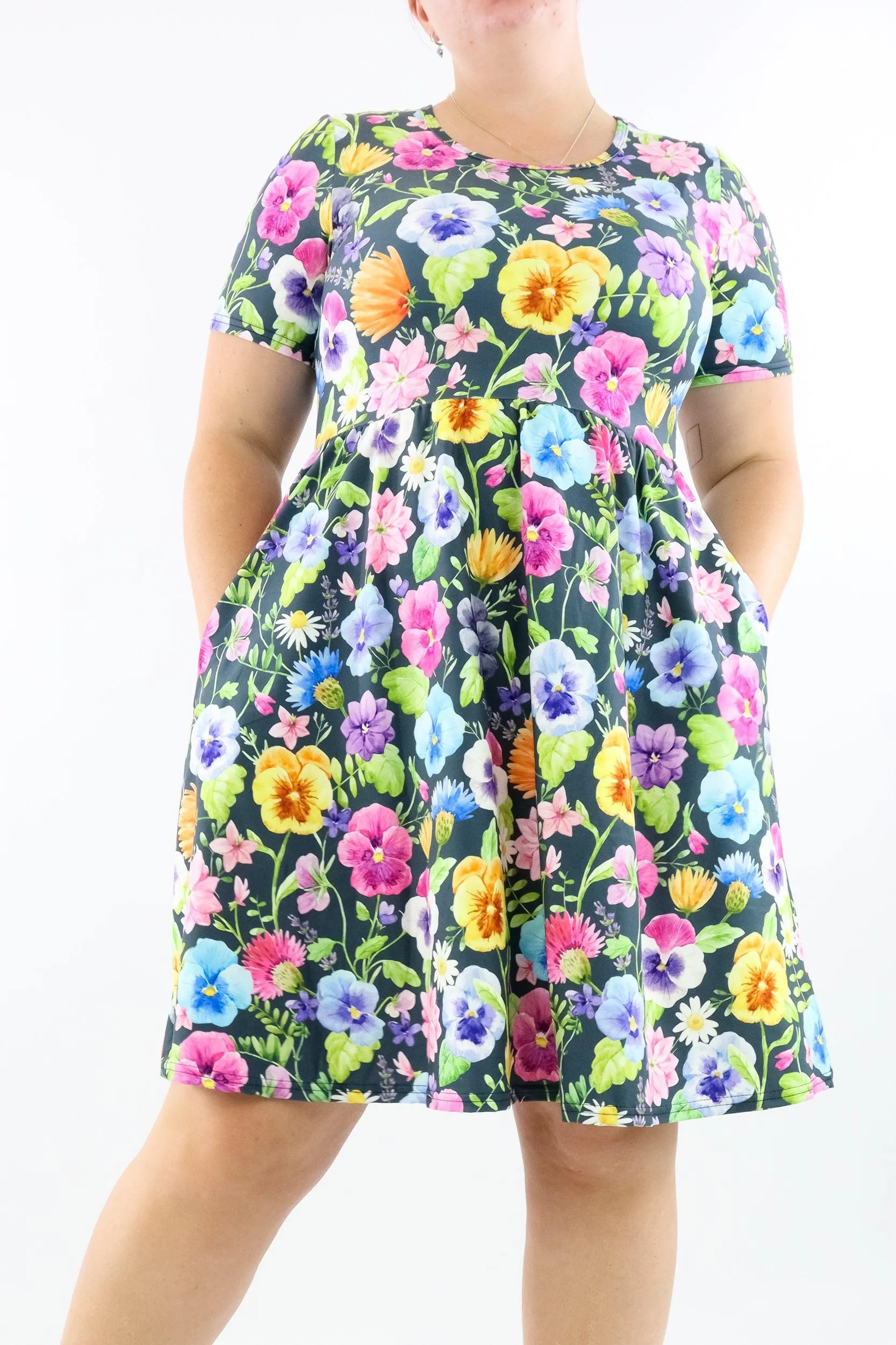 Pretty Pansy - Short Sleeve Skater Dress - Knee Length - Side Pockets