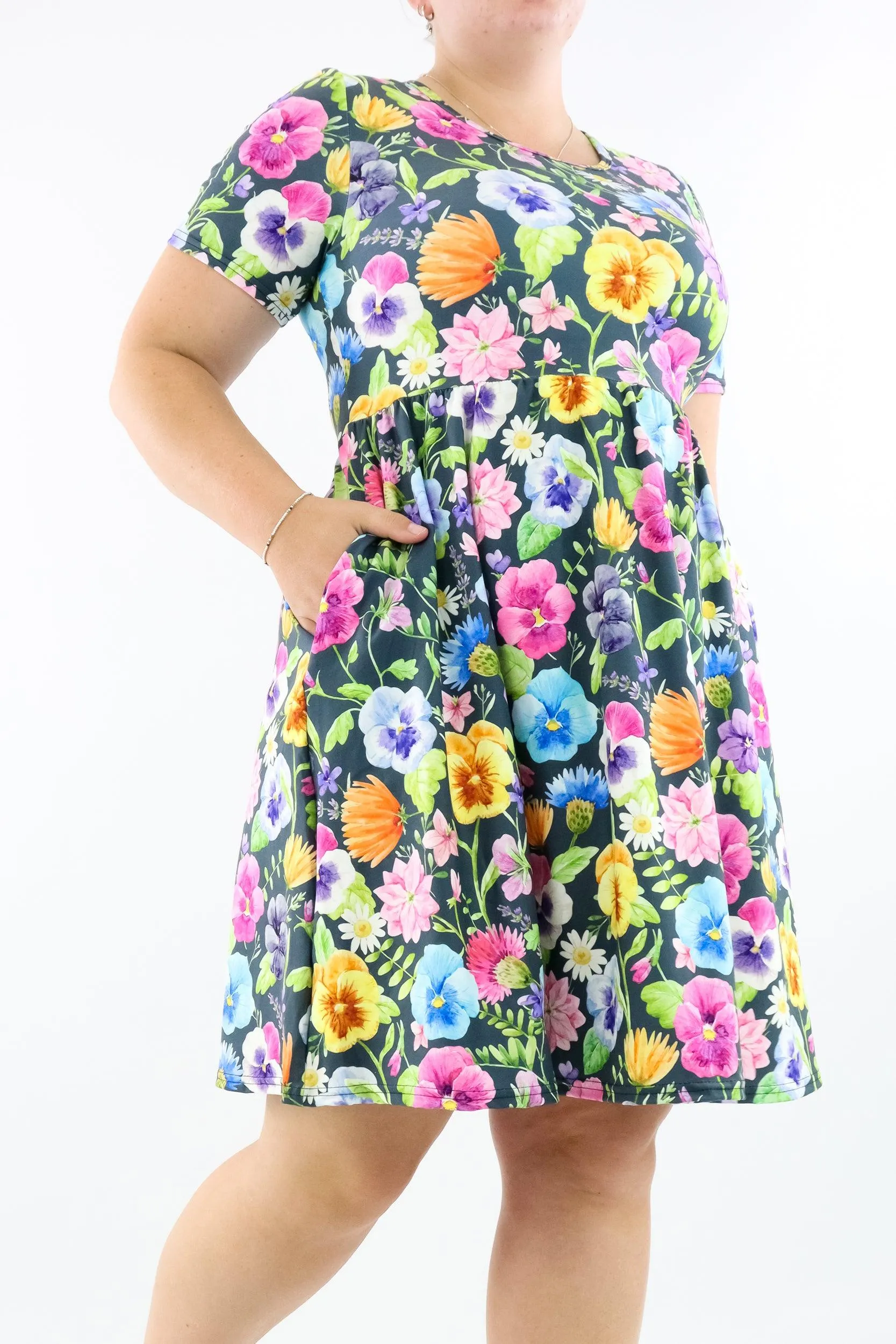 Pretty Pansy - Short Sleeve Skater Dress - Knee Length - Side Pockets