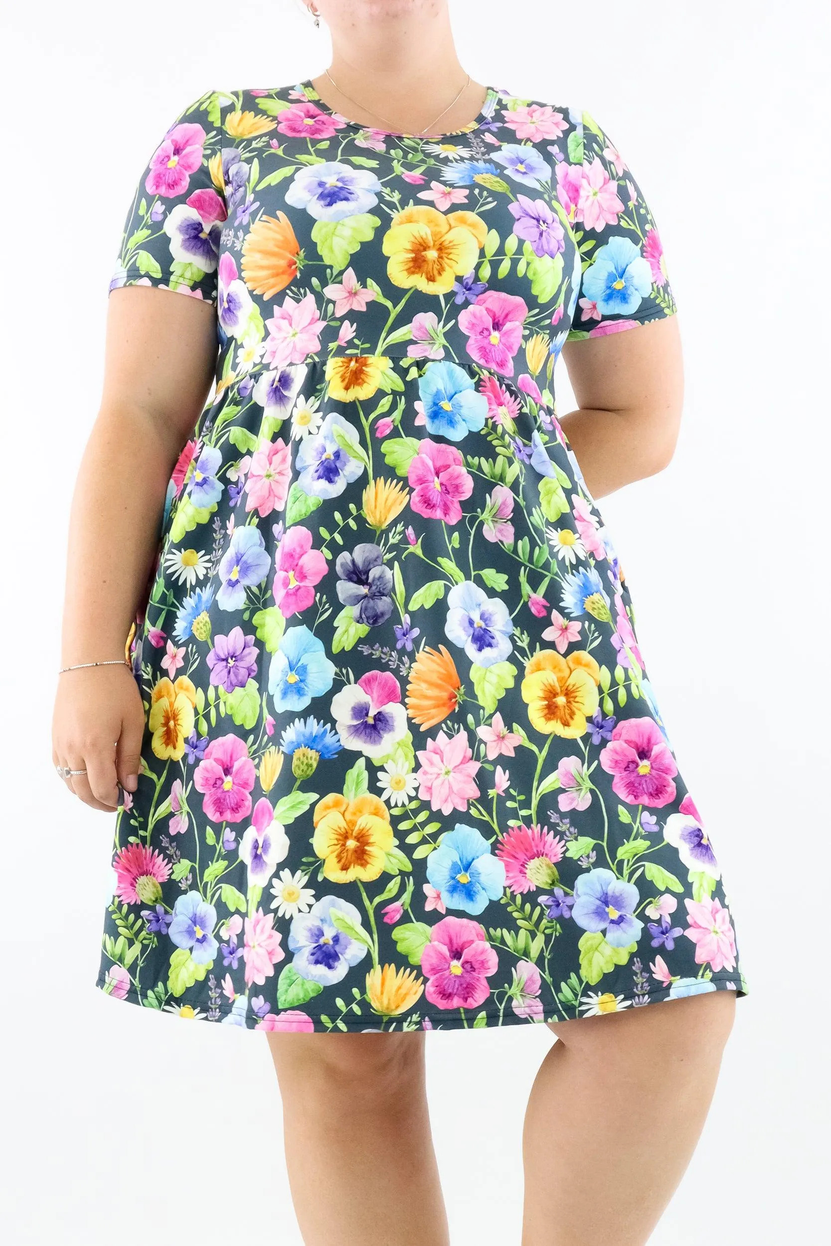Pretty Pansy - Short Sleeve Skater Dress - Knee Length - Side Pockets