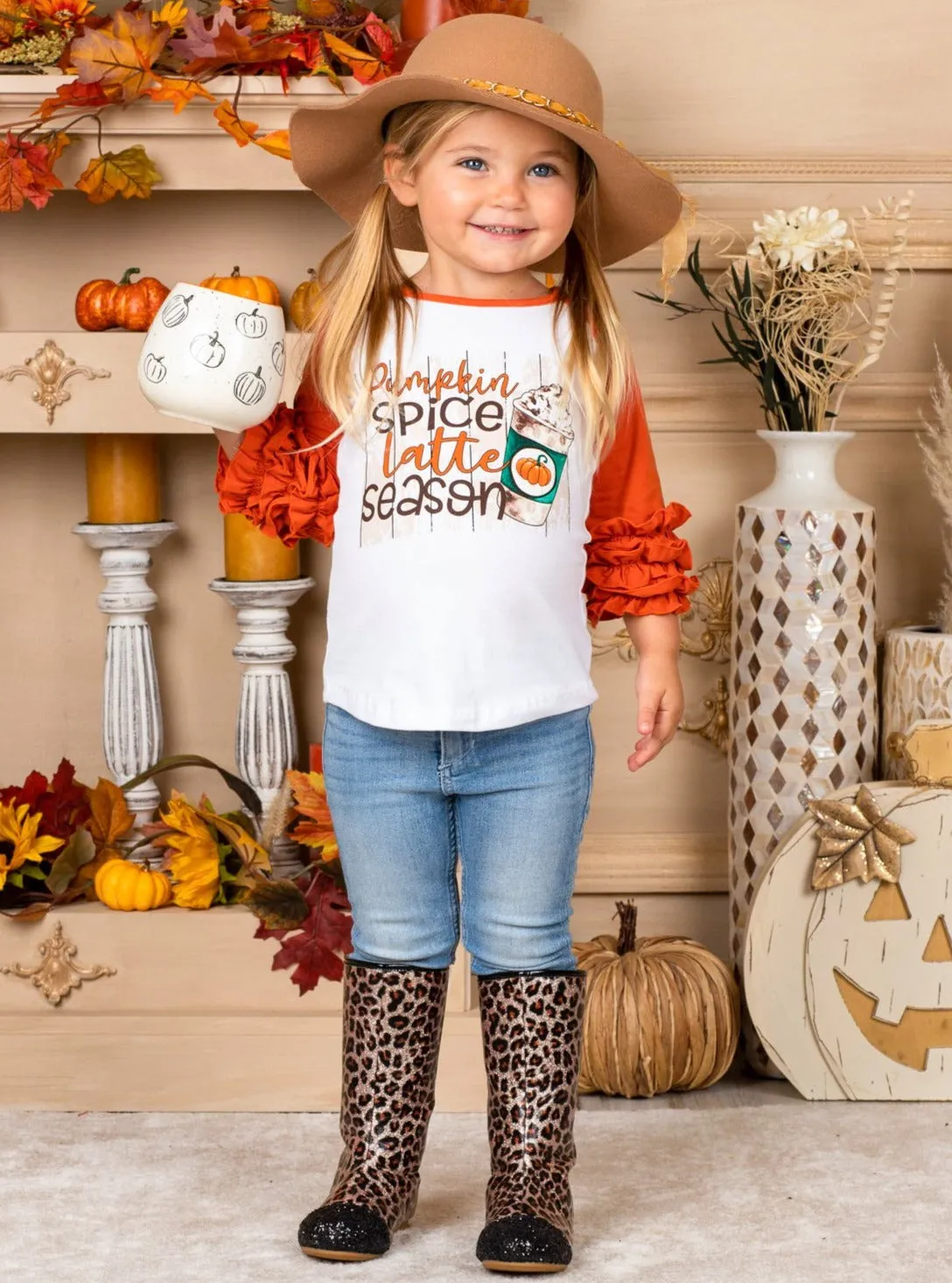 Pumpkin Spice Latte Season Raglan Ruffled Sleeve Top