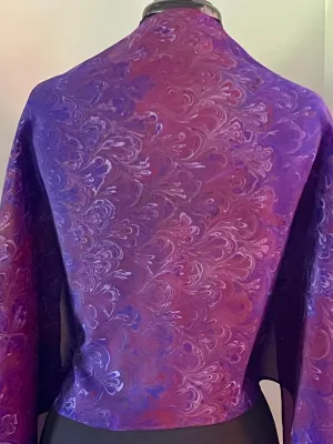 Purple bouquet two sided shawl. .  Crepe de chine 72x22” bold fun. This beautiful silk makes a unique dresser cover and  scarf.