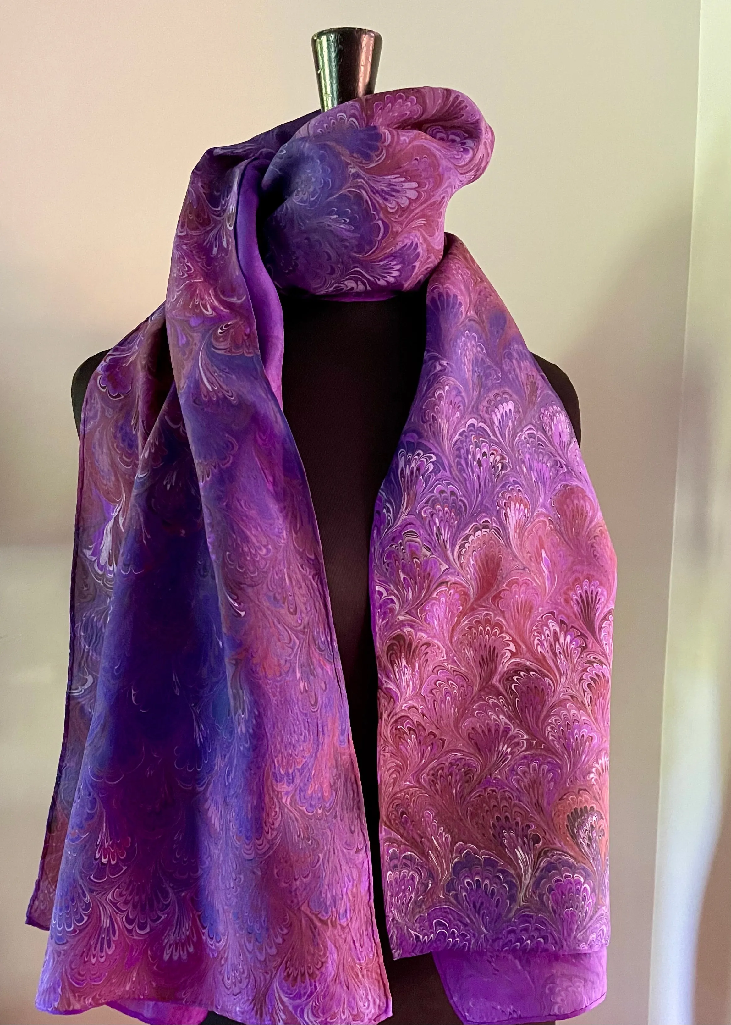 Purple bouquet two sided shawl. .  Crepe de chine 72x22” bold fun. This beautiful silk makes a unique dresser cover and  scarf.