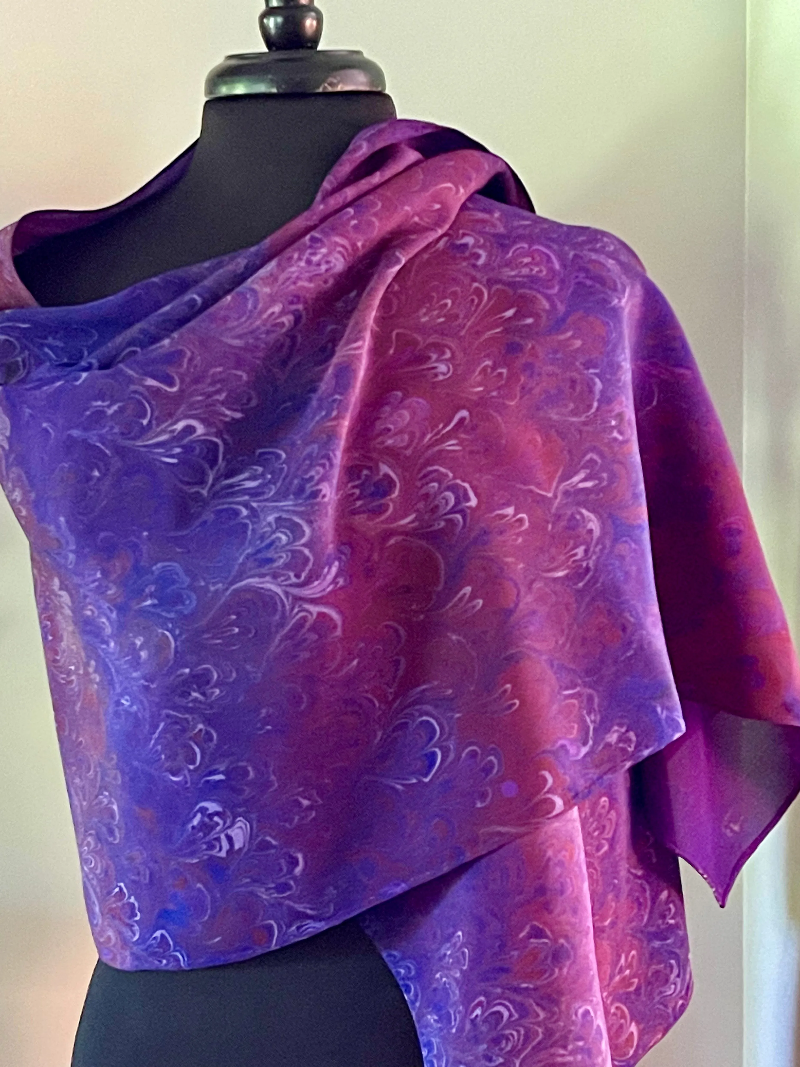 Purple bouquet two sided shawl. .  Crepe de chine 72x22” bold fun. This beautiful silk makes a unique dresser cover and  scarf.