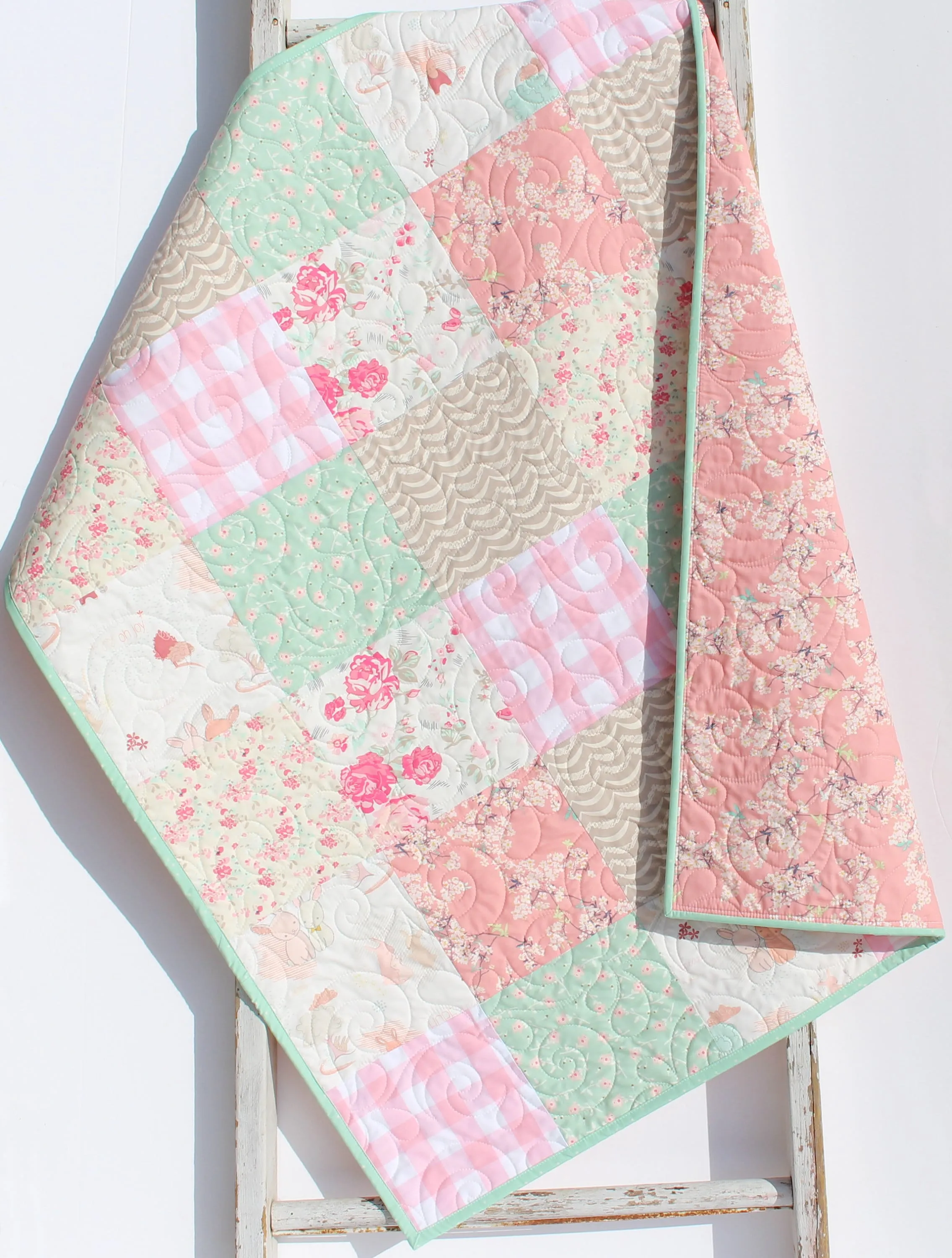 Quilt Kit Floral Nursery Crib Blanket DIY Do It Yourself Project Art Gallery Fabrics Twin Throw Coral Pink Cherry Blossom Plaid Mint Newborn