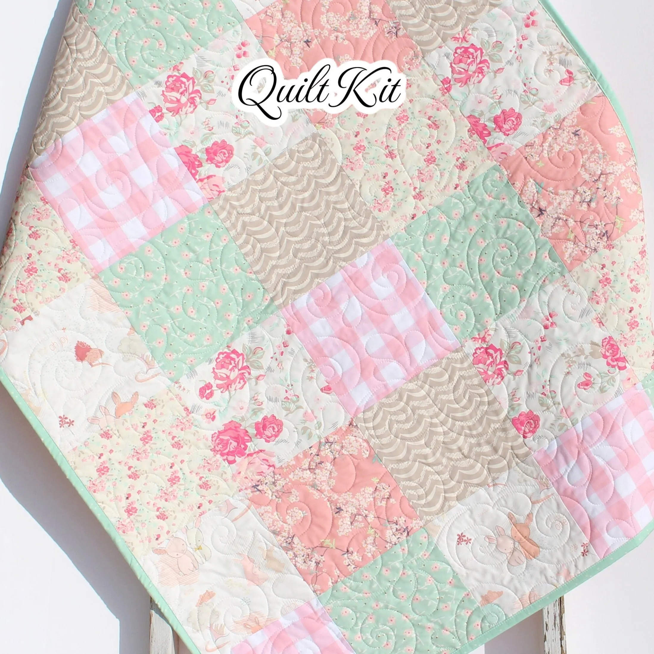 Quilt Kit Floral Nursery Crib Blanket DIY Do It Yourself Project Art Gallery Fabrics Twin Throw Coral Pink Cherry Blossom Plaid Mint Newborn