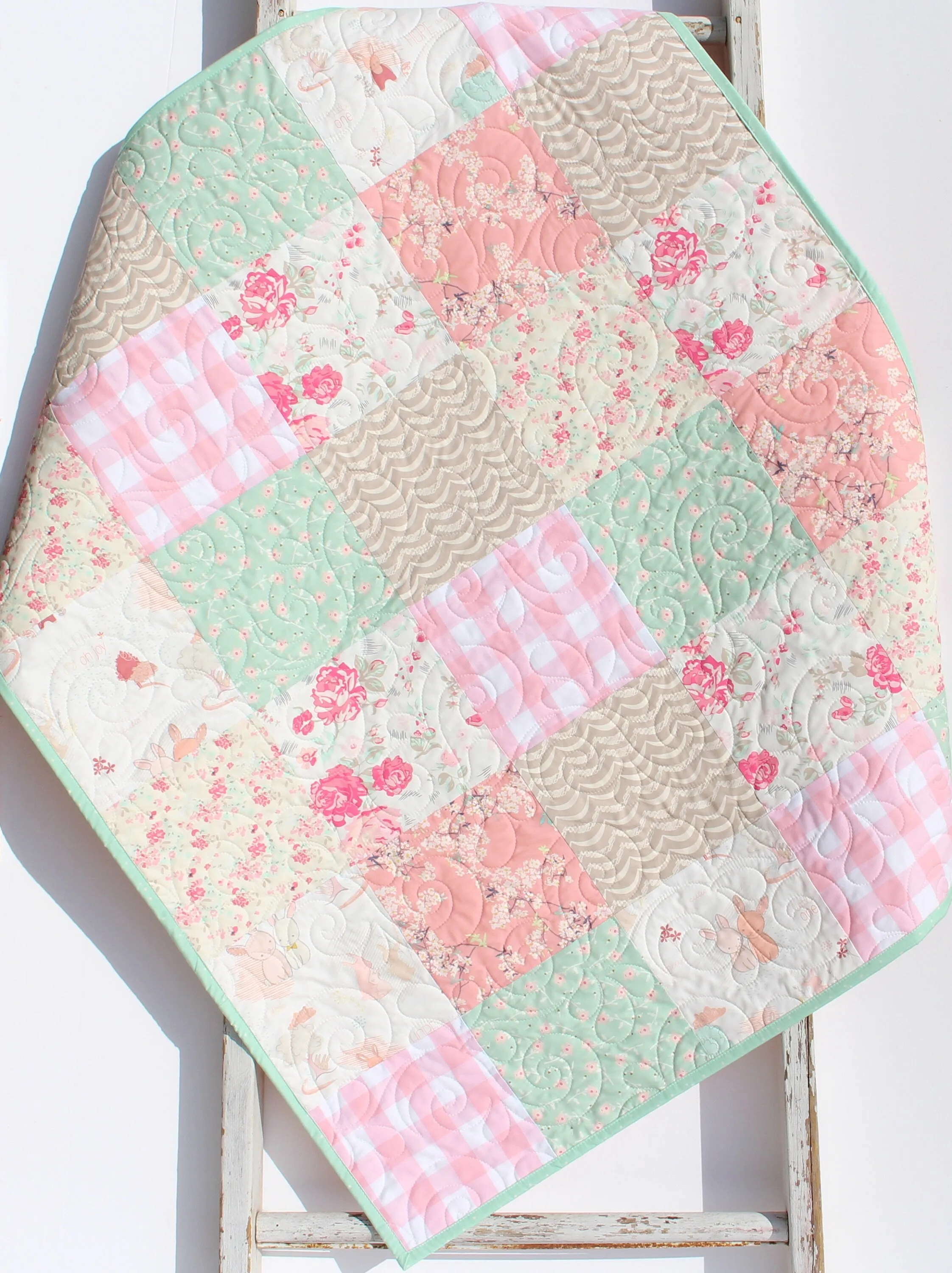 Quilt Kit Floral Nursery Crib Blanket DIY Do It Yourself Project Art Gallery Fabrics Twin Throw Coral Pink Cherry Blossom Plaid Mint Newborn