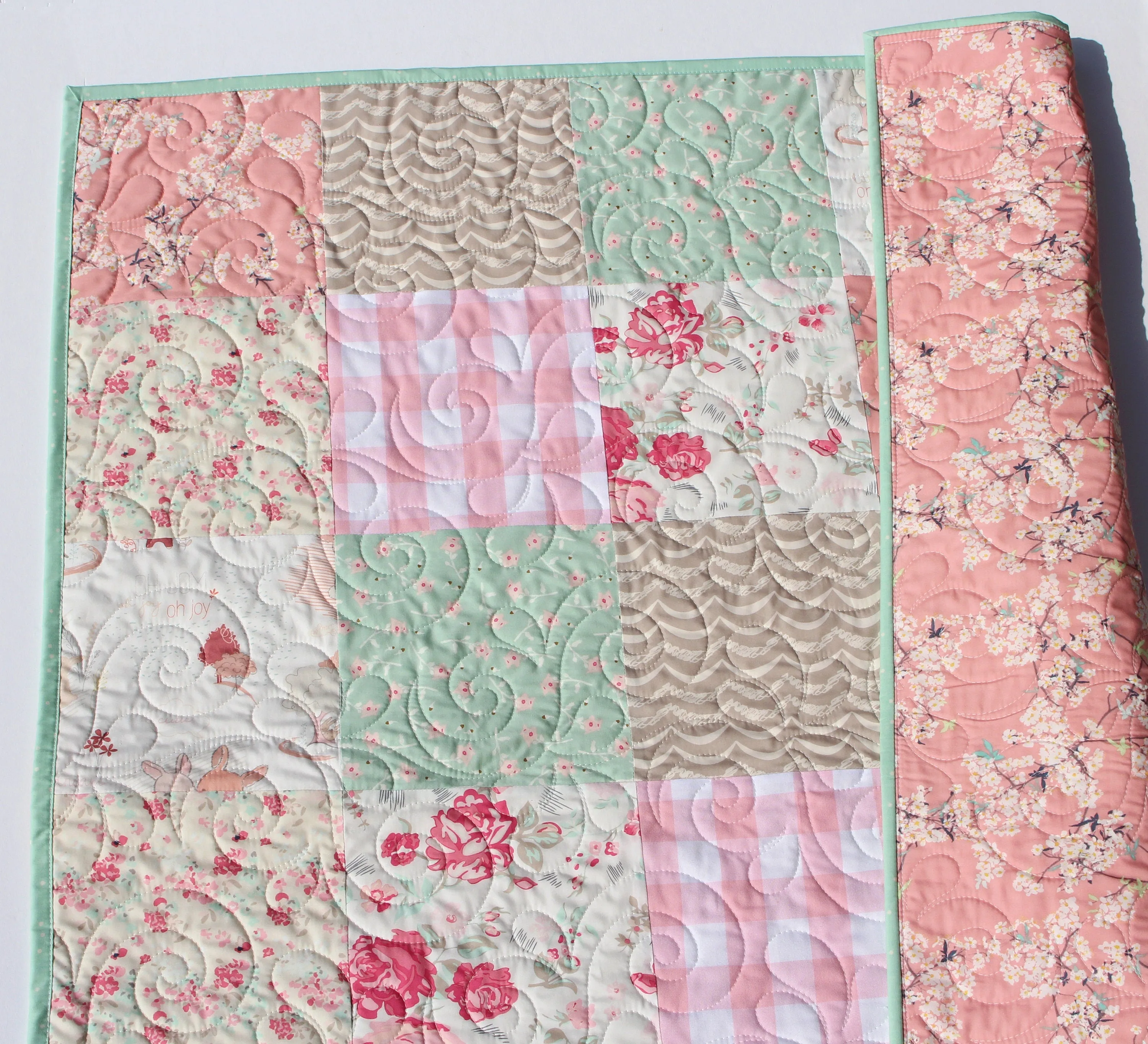 Quilt Kit Floral Nursery Crib Blanket DIY Do It Yourself Project Art Gallery Fabrics Twin Throw Coral Pink Cherry Blossom Plaid Mint Newborn