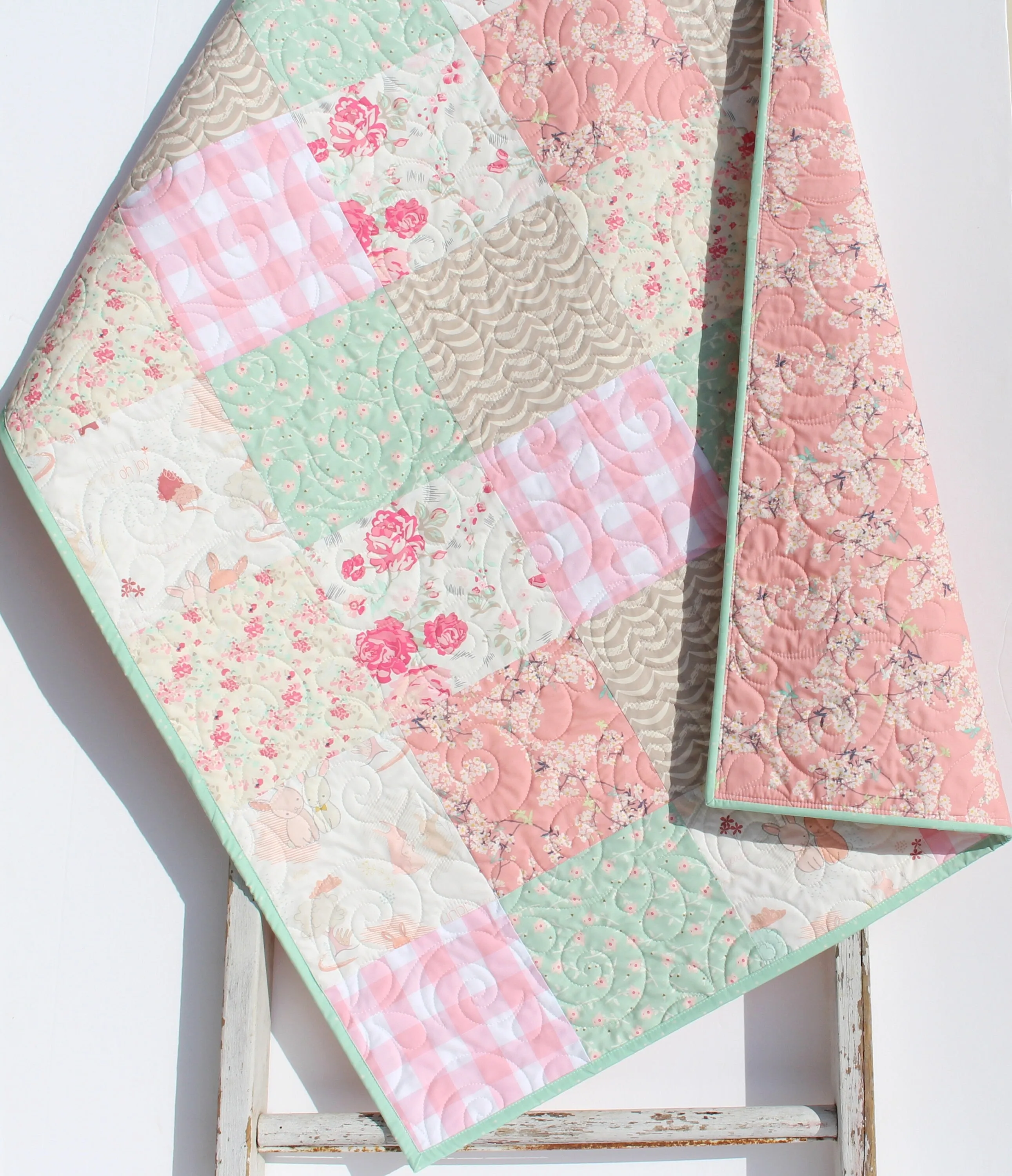 Quilt Kit Floral Nursery Crib Blanket DIY Do It Yourself Project Art Gallery Fabrics Twin Throw Coral Pink Cherry Blossom Plaid Mint Newborn