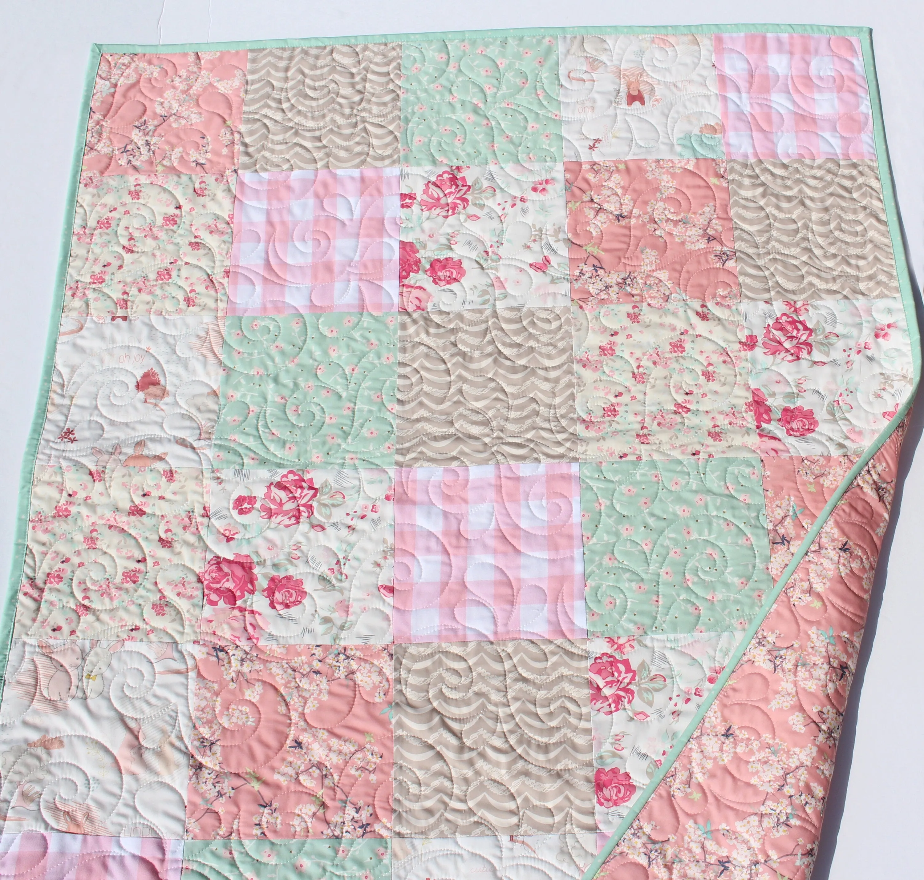 Quilt Kit Floral Nursery Crib Blanket DIY Do It Yourself Project Art Gallery Fabrics Twin Throw Coral Pink Cherry Blossom Plaid Mint Newborn
