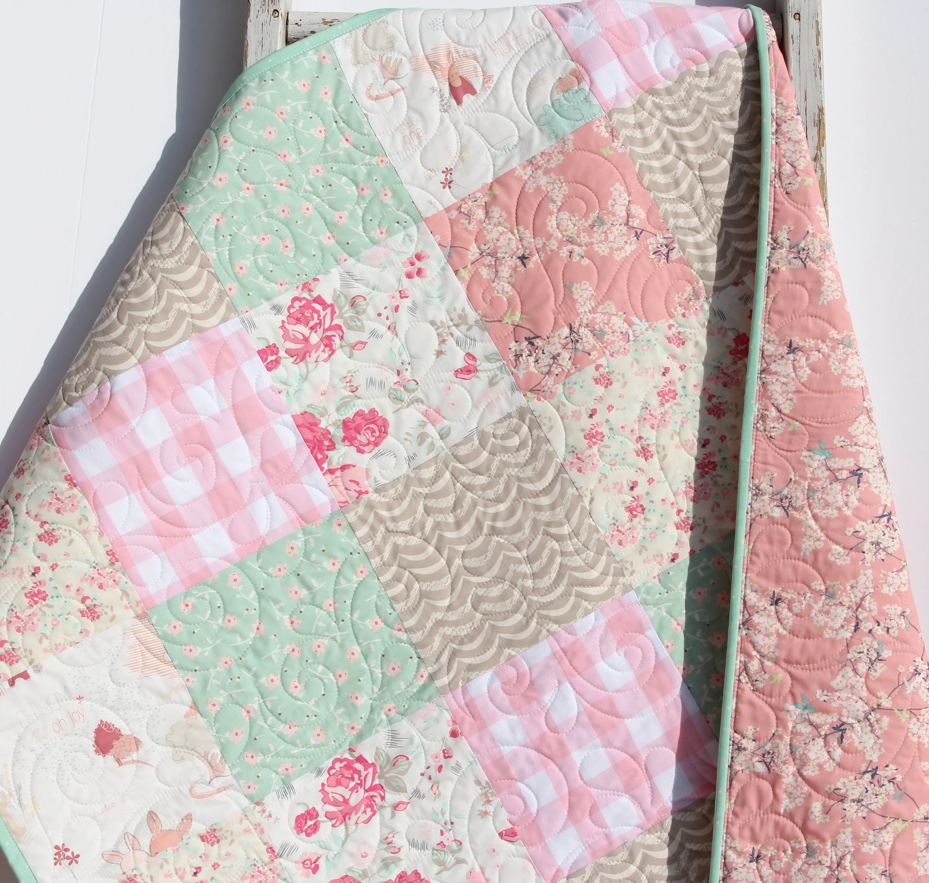 Quilt Kit Floral Nursery Crib Blanket DIY Do It Yourself Project Art Gallery Fabrics Twin Throw Coral Pink Cherry Blossom Plaid Mint Newborn