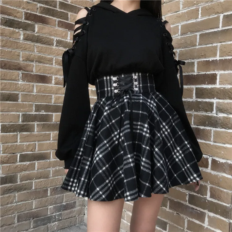 "BLACK CUTE EAR" HOODIE / PLAID SKIRT K111901