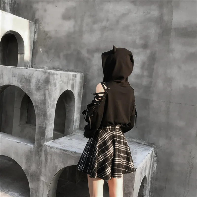 "BLACK CUTE EAR" HOODIE / PLAID SKIRT K111901