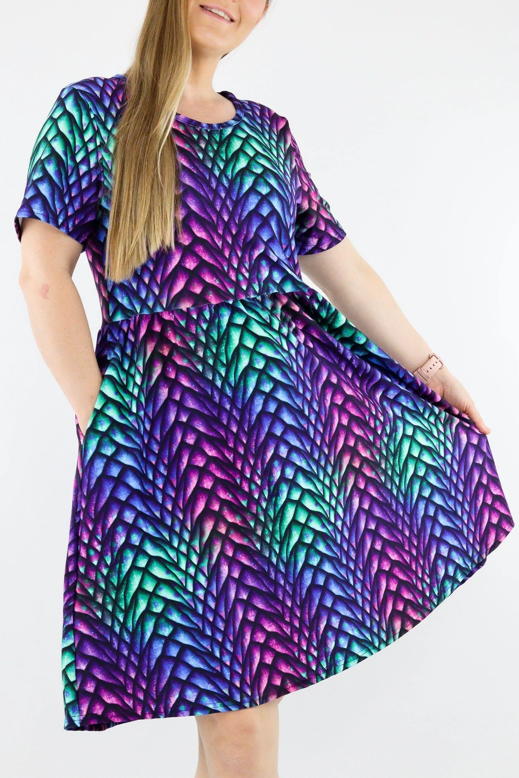 Radiant Dragon - Short Sleeve Skater Dress - Knee Length - Side Pockets