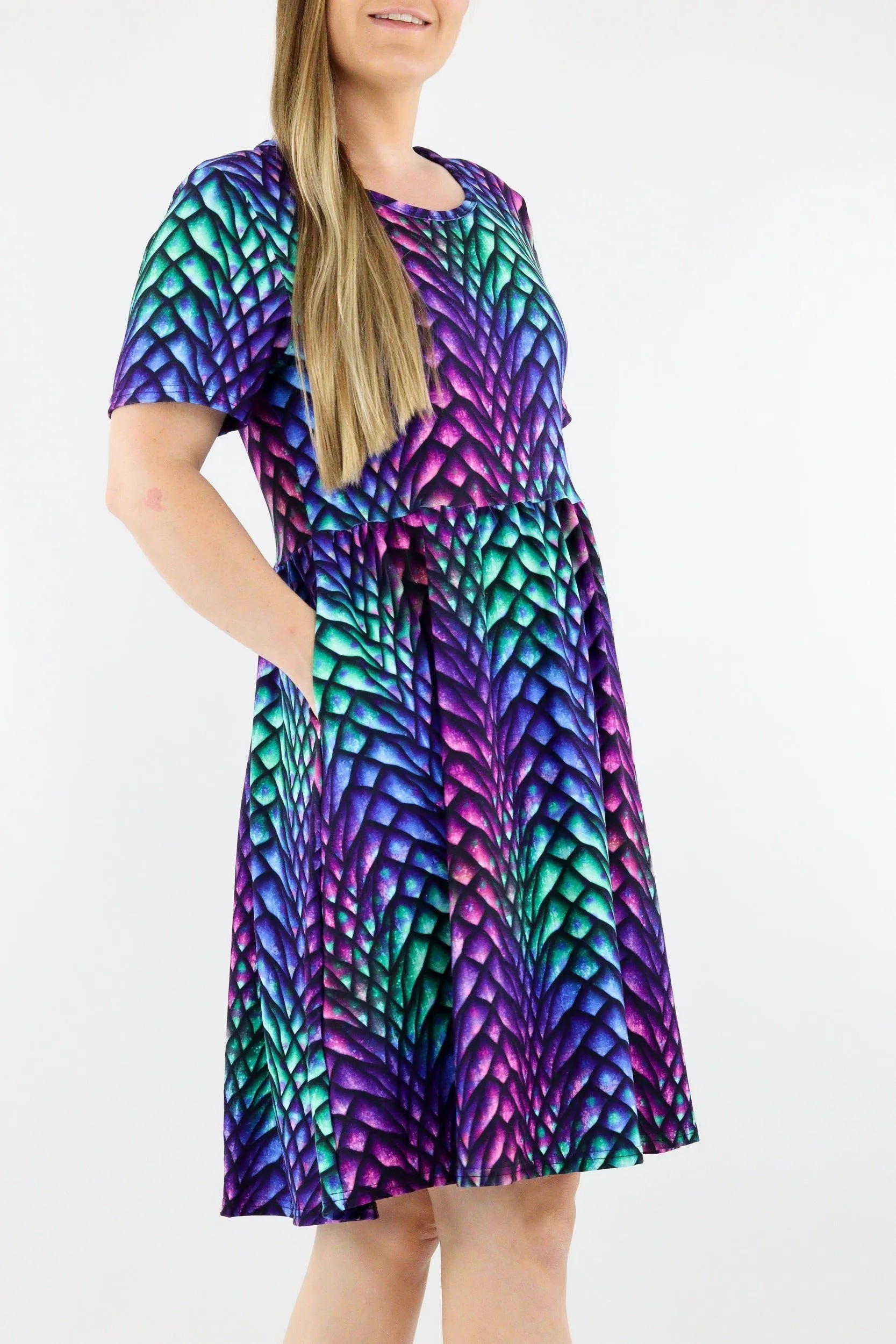Radiant Dragon - Short Sleeve Skater Dress - Knee Length - Side Pockets