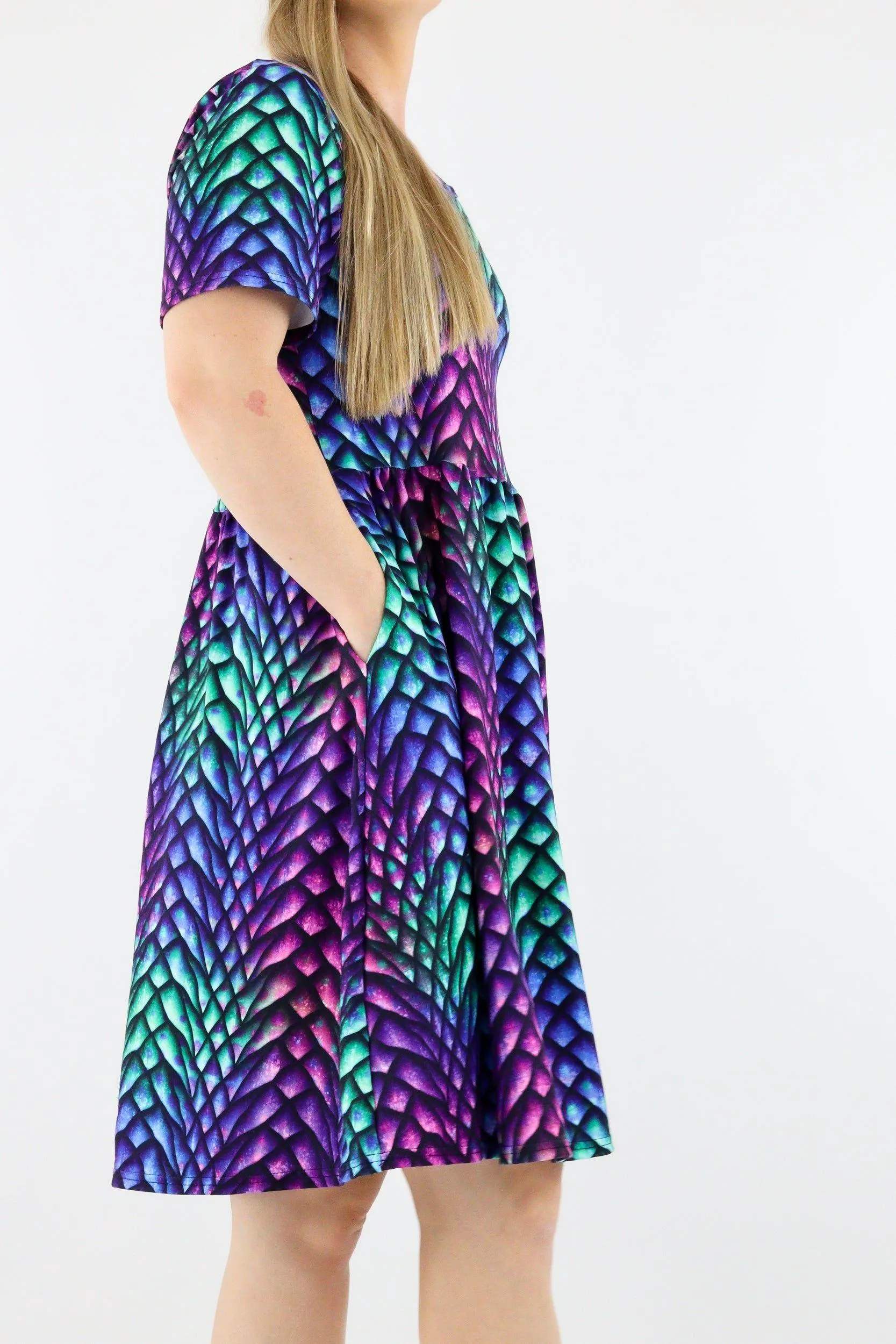 Radiant Dragon - Short Sleeve Skater Dress - Knee Length - Side Pockets