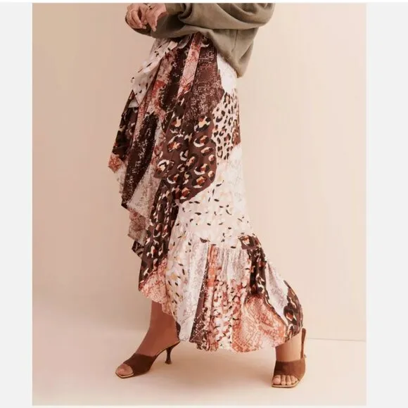 RAGA x Free People Congo Multi Print Ruffled Wrap Midi Skirt Boho Festival Flowy