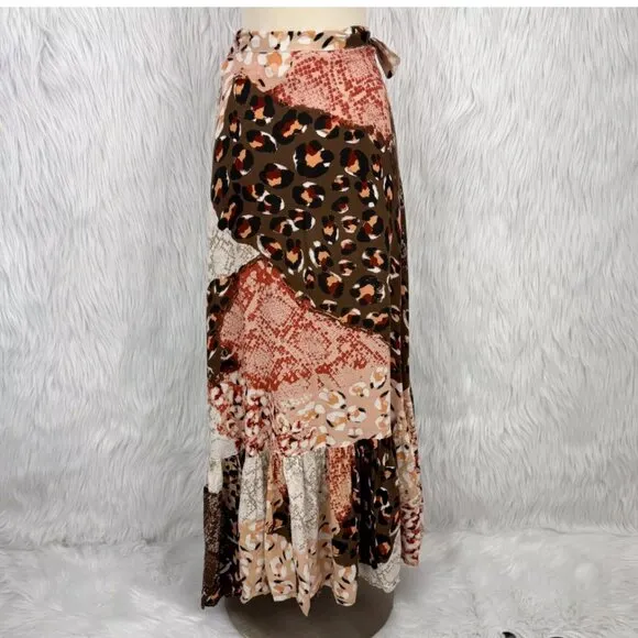 RAGA x Free People Congo Multi Print Ruffled Wrap Midi Skirt Boho Festival Flowy