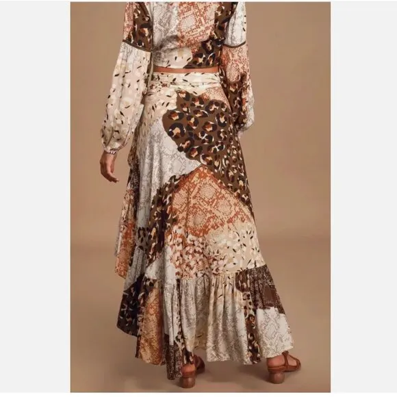 RAGA x Free People Congo Multi Print Ruffled Wrap Midi Skirt Boho Festival Flowy