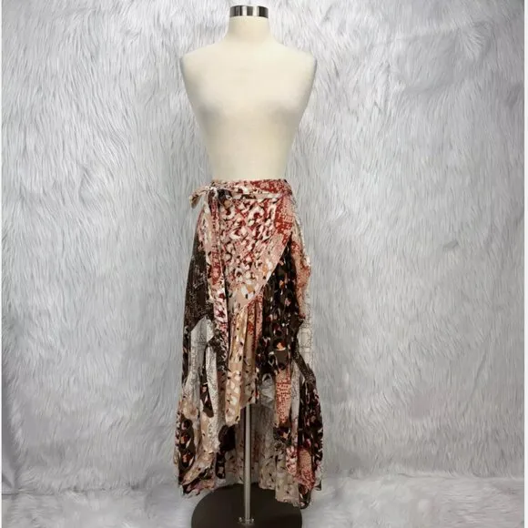 RAGA x Free People Congo Multi Print Ruffled Wrap Midi Skirt Boho Festival Flowy
